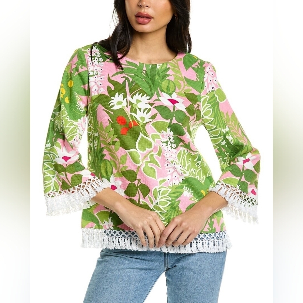 Trina Turk Floral Top Fringe Trim Bell Sleeve Green Pink - 14